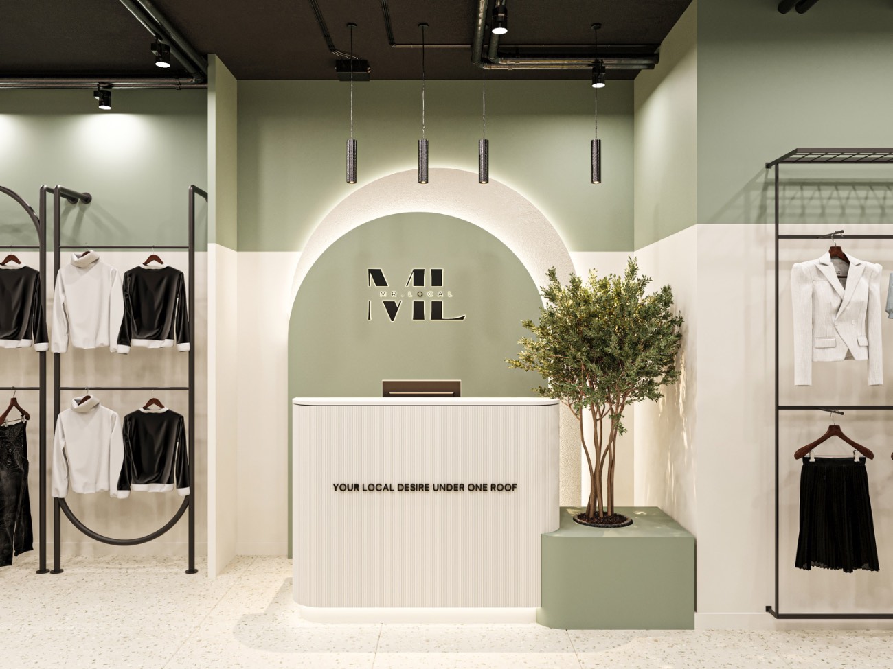 The fluted service counter set into a sage arch, with an olive tree in a green planter beside it