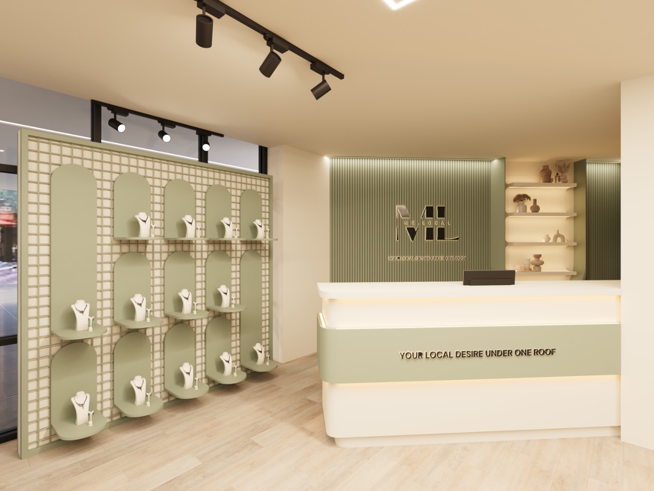 The accessories wall of arched sage niches facing the fluted reception counter