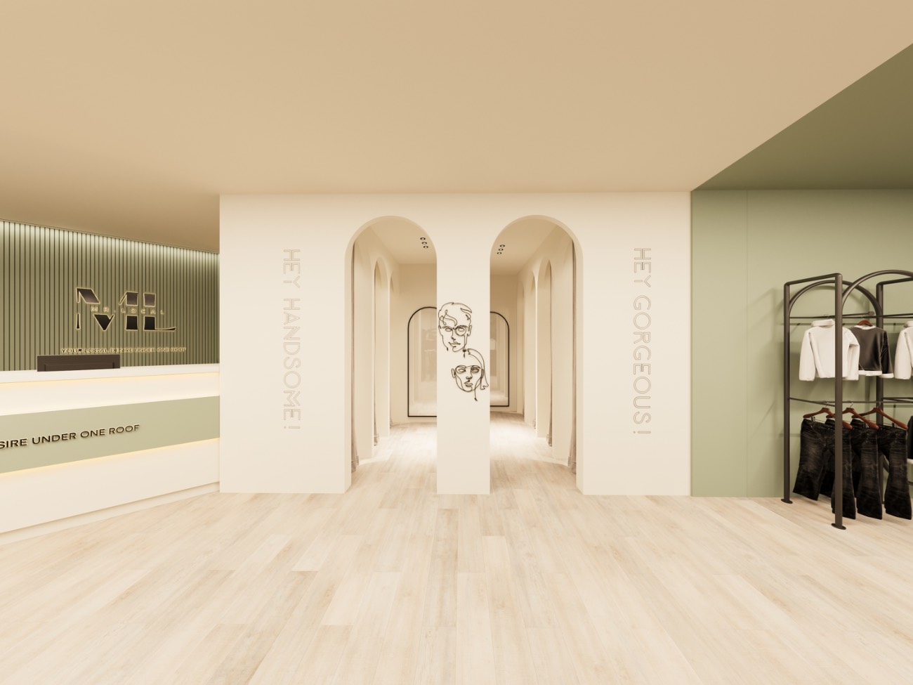 Twin arched corridors to the fitting rooms, lettered HEY HANDSOME and HEY GORGEOUS