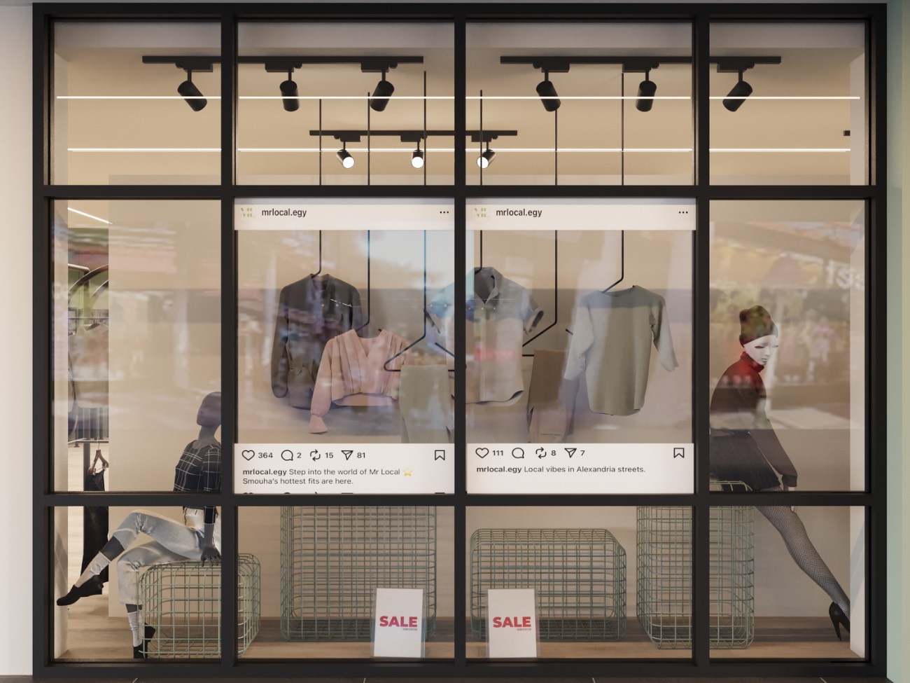 The street window dressed as two oversized social posts above wire baskets and mannequins